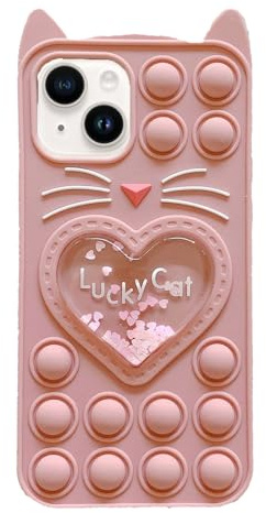 Asgens Fidget Pop Fodral för iPhone 13/14, Tecknad Lucky Rosa Katt Kvicksand Bling Stjärnor Tryck Bubbles Silikon Mjukt Telefonfodral för Apple iPhone 13/14 6.1 Tum