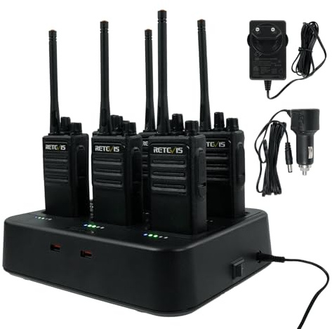 Retevis RT617 Walkie Talkie med 6-Vägs Laddare, Effektiv Laddning, Laddningsbara 2-Vägs Radioapparater 1200mAh, VOX, Lång Antenn, PMR446 Licensfria Walkie Talkies för Skola, Tillverkare (6 St, Svart)
