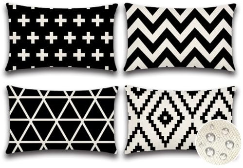 JOTOM 4er Set Outdoor Kissenbezüge, Dekorative wasserdichte Wurf Kissenbezug Moderne Kissenhüllen Sofakissen Dekokissen Zierkissenbezug für Wohnzimmer Schlafzimmer Garten Deko (40x60cm, Schwarz)