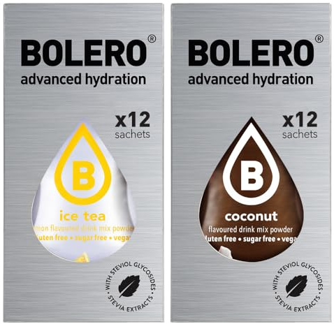 SET 24 BOLERO bustine da 3 grammi 12 ice tea lemon limone + 12 Coconut Cocco Preparato istantaneo per Bevande con Stevia e Vitamina C e Senza Zucchero