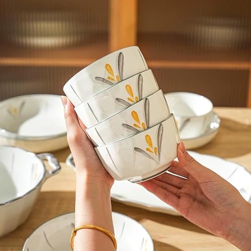 TuYines Juego de 4 cuencos de cereales, cuencos de postre, cuenco de cereales de 700 ml, cuenco de cerámica para cereales, juego de cuencos para ensalada, sopa, pasta, microondas y horno, 15,1 cm