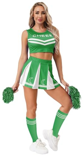 CHICTRY Femmes Cheer Leader Tenues Tenues de Cheerleading Uniforme Crop Top sans Manches Jupe plissée Bas et Pom Pom pour la Performance de scène Vert M
