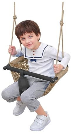 Swing Seat For Kids，Little Swing Set，Hand-Knitting Toddler Swing With Adjustable Ropes, Rope Play Swing Set For Tree, Outdoor Indoor, Playgroun(Khaki)