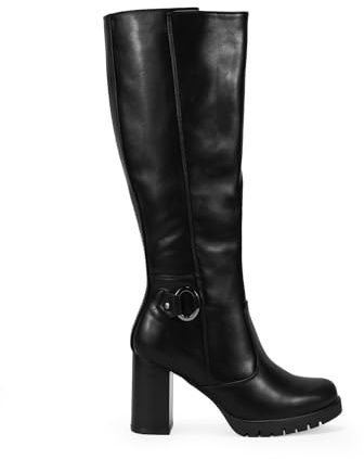 BOSANOVA Botas Altas para Mujer de Punta Redonda, aro metálico y Suela de Plataforma Dentada con tacón Efecto Madera de 8 cm. Cierre con Cremallera Interior. Calzado para Mujer Negro 39