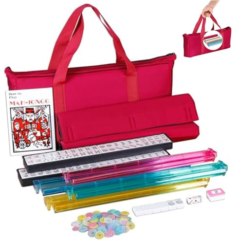 Juego de Mahjong americano, juego clásico de Mahjong americano completo, tamaño completo con 166 fichas, 4 piezas 2 en 1 estante/empujadores, bolsa suave roja, fichas, distribuidor de viento, manual