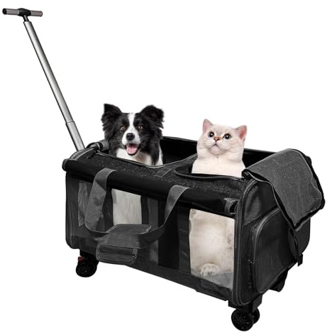 Umelee Trasportino per 2 Gatti/Cani, con 2 Cabine + 4 Ruote + Manico Telescopico, Trasportino Pieghevole per Gatto Grande fino a 20 kg, Ideale per Visite Veterinarie, Viaggi in Auto (Nero)