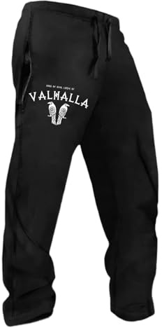 Herr viking medeltida nordisk mythos lediga byxor, långa träningsbyxor, elastisk midja, sweatpants bomullsbyxor, elastiska lösa joggingbyxor, breda ben, raka löparbyxor, sportbyxor, I-svart, 5XL