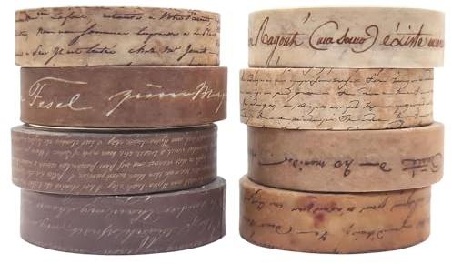 XETHI Set di 8 Rotoli Washi Tape Vintage Estetico | Nastro Adesivo Decorativo Sottile 1cm con Motivi Antichi per DIY Scrapbooking, Biglietti d'Auguri e Progetti Artistici (Testo Scritto)