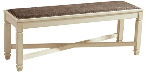 Signature Design by Ashley Bolanburg Casual French Country Upholstered Dining Room Bench with Nailhead Trim, Heavy Woven Fabric, Wood, Antique White & Tan
