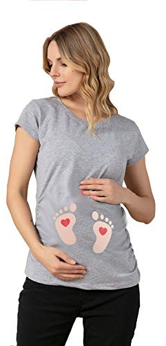 Fotavtryck baby med hjärta – roligt roligt roligt sött mammamode med motiv mammaskjorta för graviditet t-shirt graviditetströja kortärmad, Grau, S