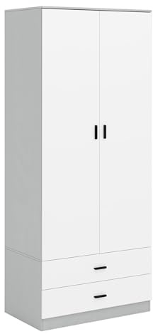 URBNLIVING Tall Wooden 2 Door Wardrobe With 2 Drawers Bedroom Storage Hanging Bar Clothes (Grey Carcass + White Drawers)