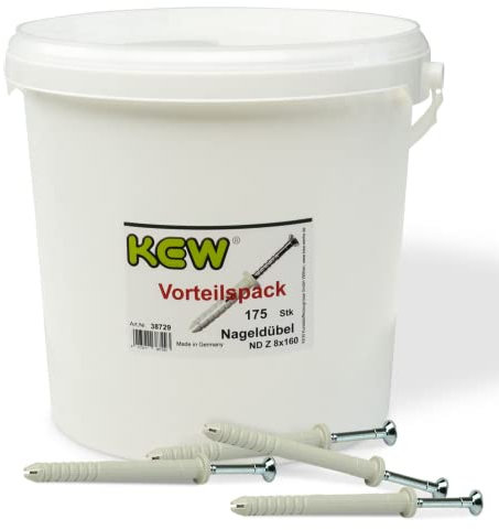 KEW 175 x spikpluggar med cylinderhuvud och förmonterad nagelskruv – spridningsplugg – nylonpluggar med slagspärr – 8 x 160 mm – 175-pack