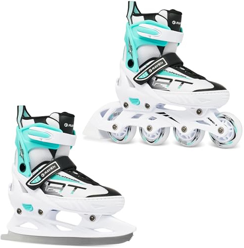 RAVEN Profession Inlineskates Inliner für Kinder und Erwachsene OPTIONAL 2in1 mit Schlittschuhen verstellbar (White/Mint mit Kufen, 31-35 (20,5cm-23cm))
