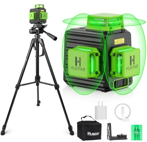Laser Level 360 Self Leveling with 47 Tripod, Huepar 3x360° High Brightness Green Laser Leveler Tool for Construction, Tile and Picture Hanging, 5200 mAh Li-ion Battery & 2 Portable Bag Included