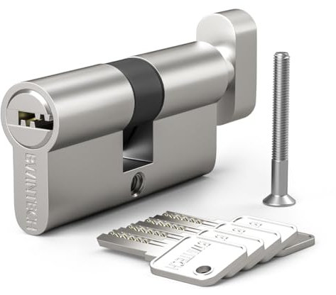 Bwintech 1 Pcs 40T/40mm Euro Cylindre en laiton, 80mm Thumbturn/Key Barrel Lock avec 5 clés horizontales en laiton,anti-crochetage, anti-perçage, anti-claquement, anti-choc, nickel satiné