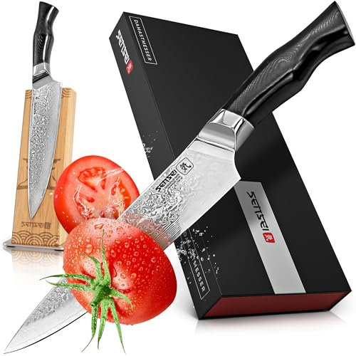 SENSEI Damastmesser mit Messerblock | Kochmesser 67 Schichten Damaststahl | Profi Küchenmesser mit G10 Griff | 20 cm Klinge