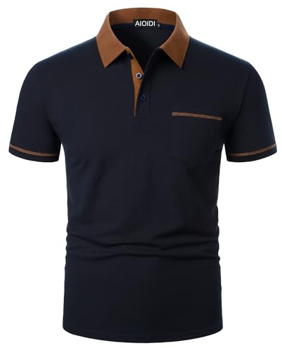 AIOIDI Hommes Polos Manches Courtes Couleurs Contrastantes 100% Coton Golf T-Shirts avec Vraies Poches Bleu L