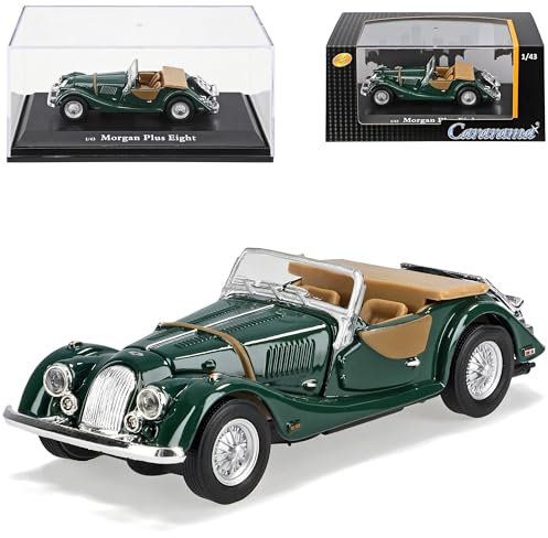 Cararama Morgan Plus Eight 8 Cabrio Offen Grün mit Sockel und Vitrine 1/43 Modell Auto
