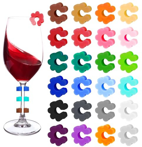 UTXN 24 Pezzi Ciondoli per Bicchiere di Vino Ciondoli in Vetro Segnabicchieri per Bevande Pennarelli per Vetro in Silicone a Forma di Fiore Segnabicchieri Colorati per Champagne, Celebrazione, Festa