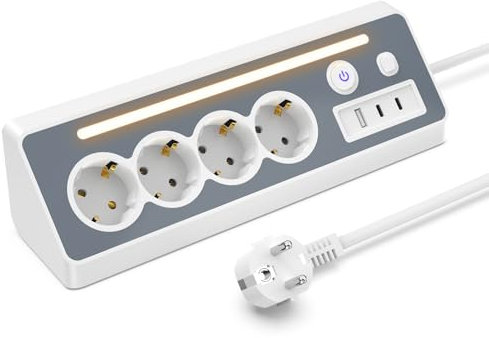 Steckdosenleiste mit USB (2 Type-C), 4 Fach Desktop Mehrfachsteckdose und LED Licht Steckerleiste Uberspannungsschutz 3680W 16A 90° Mehrfachstecker Tischsteckdose mit 2 Schalter fur Kuche, Buro, Heim