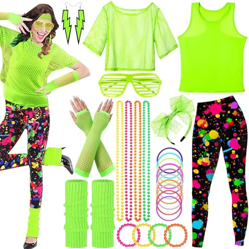SaiXuan 26 st 80-tals neonkläder damset, nätskjorta damer, fluorescerande västar, pannband, örhängen, halsband, näthandskar, för 80-tals outfit damer, temafester, scenshower