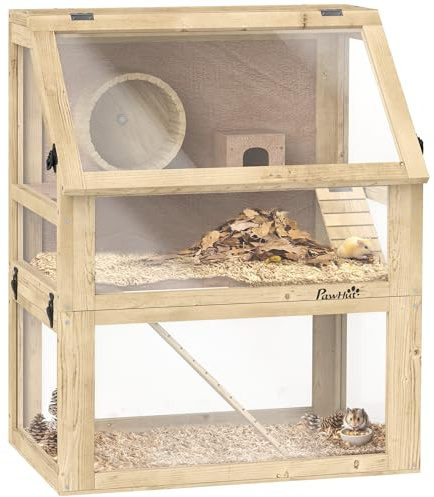 PawHut Cage à hamster en bois, cage à gerbille à 3 niveaux avec fond amovible de 32 cm de profondeur, cabane, balançoire, roue d'exercice, rampes, finition bois naturel