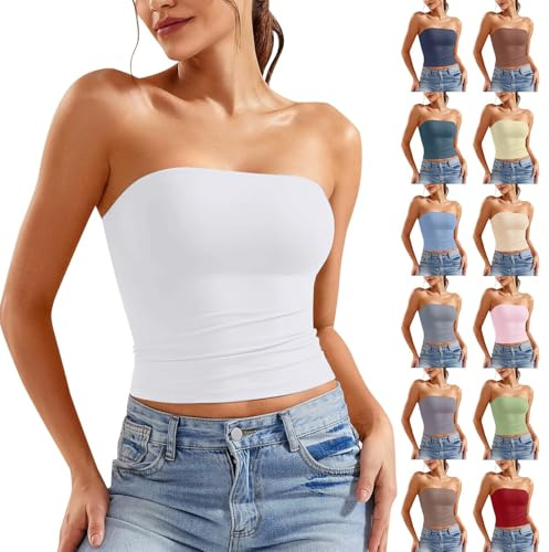pvucpot Bandeau Tube Top Femme Haut Court Dos Nu T-Shirt Sexy Caraco sans Bretelles Débardeur sans Manches Y2K Crop Top Bustier Mode Couleur Unie Slim Fit Tube Tops