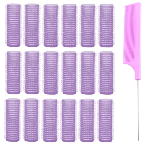 EIROVYA Lockenwickler Locken mit 1 Kämme Haftwickler Selbsthaftend Hair Rollers Locken Curlers Ohne Hitze Lockenwickler Klettwickler Kleine Haarwickler für Lange Mittlere Kurze Haar, Lila, 19 Stück