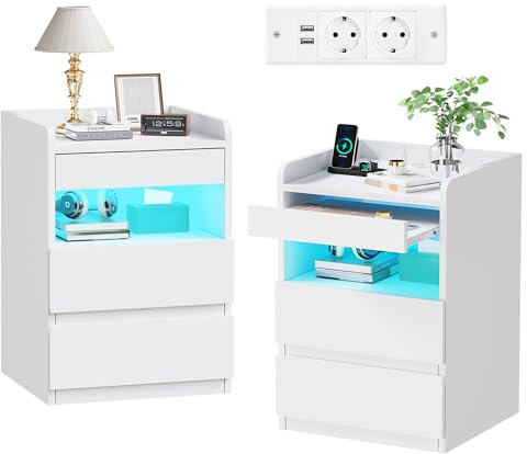 BEWISHOME Juego de 2 Mesitas de Noche,con Compartimento Oculto,con Luces LED y Estación de Carga Mesas Auxiliares(2 Tomas AC 2 Puertos USB),para Salón,Dormitorio (Blanco) EFCG02W