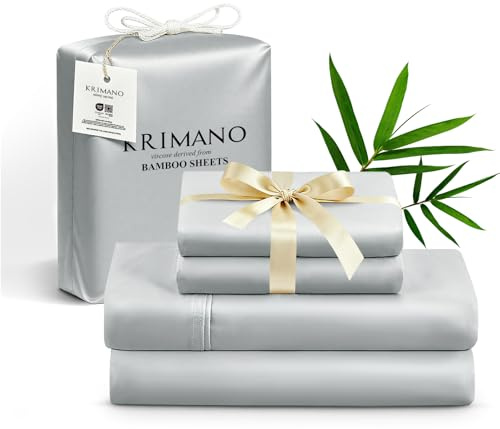 KRIMANO King Size Sheet Set, Viscose Bamboo Sheets for Bed Set 4pcs, 100% Viscose Derived from Bamboo, Hotel Luxury Silky & Cooling for Hot Sleepers, Deep Pocket Up to 17, Light Grey