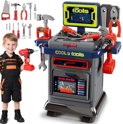 BAKAJI Carrello Postazione Officina per Bambini con Accessori Realistici, Carrellino da Meccanico, Giocattolo per Bambino, Pinze, Trapano Elettrico, Giochi di Emulazione Educativi, Idea Regalo