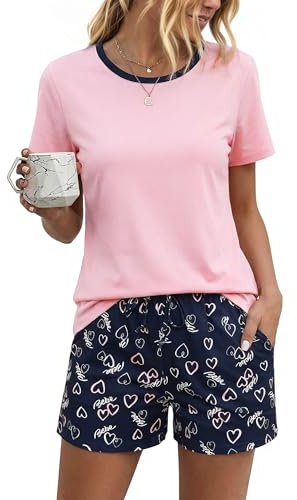 Litherday Pigiama Donna Cotone Estivo Corto Pigiami Due Pezzi Maglietta con Girocollo e Pantaloncini con Stampa a Cuore