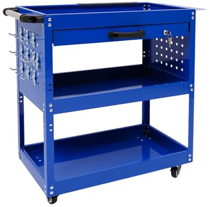 Carro de taller de 3 pisos, carro de taller móvil, carro con ruedas de metal con cajones y ruedas con frenos, carro de taller con caja de almacenamiento y llave, para mantenimiento de automóviles