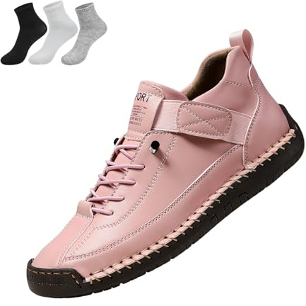 Kvinnors lädersneakers, kvinnor handgjorda läder bekväma skor dra på ortopediska stövlar skor, Rosa, 8 UK Wide