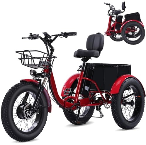 Broobey Electric Tricycle for Adults 48V15Ah Etrike 20x4 Fat Tire Electric Trike 3-Wheel Folding Electric Tricycle Max 20KM/H With a large-capacity bike basket（red）