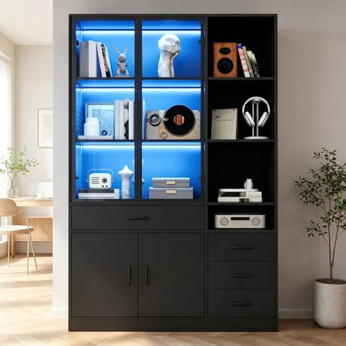 boorbin Armario alto con vitrina de cristal y LED, 120 x 35 x 200 cm, estantería con 13 zonas de almacenamiento, 4 cajones y puertas, vitrinas, armarios, para comedor y salón (negro)