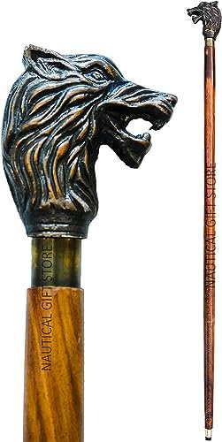 Antik Vintage Gehstock aus Holz, handgefertigt geschnitzt Wolf Native American Design 00027