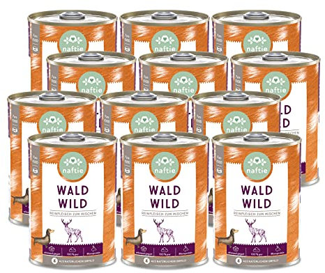 naftie Premium Hundefutter 100% Wald Wild - Reinfleischdosen pur - Nassfutter für Hunde zum Mischen - glutenfrei getreidefrei - Sparpaket 12x 400g
