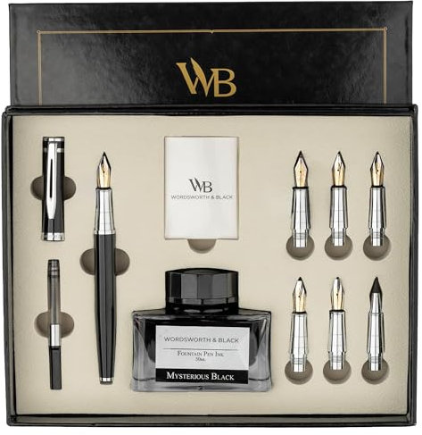 Wordsworth & Black Calligraphy Pen Gift Set, Includes Bottle, 6 Ink Cartridges, Ink Refill Converter, 6 Replacement Nibs, Premium Package, Smooth Writing Pens [Black Chrome]