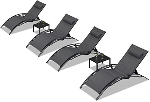 PURPLE LEAF XXL 2er-Set Sonnenliege, Aluminium Gartenliege mit Beistelltisch und Kopfkissen, Liegestuhl Wetterfest, 5-Fach Verstellbar, Stapelbar, Bis 180 KG, Grau