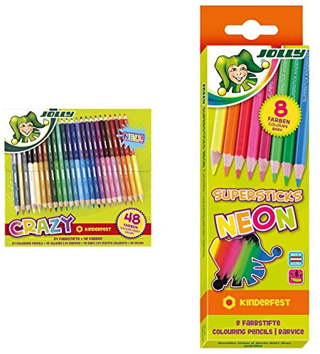 JOLLY Superstick Crazy Farbstifte 24 Stifte mit 48 Farben & Superstick Neon Buntstifte Farbstifte | Kinderfest und Bruchsicher | Ungiftig | extra dicke Mine | 8 Stifte im Kartonetui
