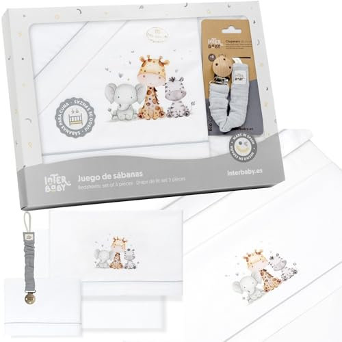 Sabanas 100% Algodón para Cuna 60 x 120 cm, Bebe Primavera y Verano Tipo 100% Algodón Extrasuave Fafricado en España - INTERBABY(Bajera+encimera+Funda Almohada+Broche chupetero) - Elefante Jirafa