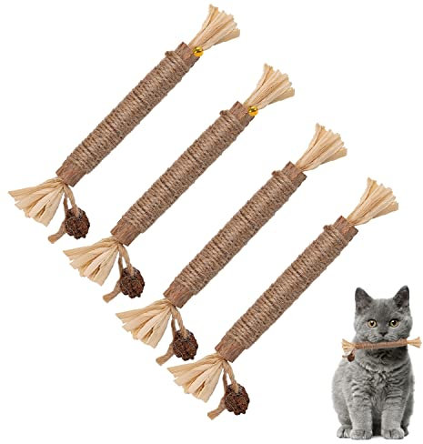 KINBOM 4 Stück Katzenkauspielzeug, Natur Katzenkau Stäbchen Catnip Silvervine Sticks für Katzenleckerli Katzenlecken