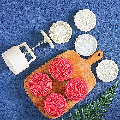 Mooncake Mold Cookie Stamps, 125G 3D Flowers Moon Cake Mold Cookie Press Set Cake DIY Mould Baking Accessories Making Traditional Festival Mooncakes Fondant Dessert Cupcake 6 Stamps, White
