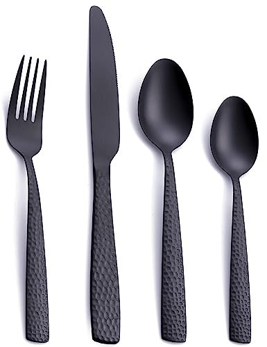FULLYWARE Posate in argento, 24 pezzi, colore nero opaco, 6 pezzi, posate in acciaio inox, forchetta, cucchiaio, coltello da cucina, lavabile in lavastoviglie