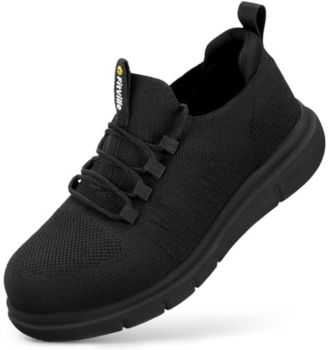 FitVille Arbeitsschuhe Herren Extra Weite Sicherheitsschuhe Sportlich rutschfest Stahlkappenschuhe Leicht Atmungsaktive Schutzschuhe Arbeitsturnschuhe Safety Shoes, Pures Schwarz, 45 EU X-Weit