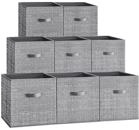 SONGMICS Storage Cubes, 13 x 13 x 13 Inches Non-Woven Fabric Bins with Double Handles, Set of 8, Closet Organizers for Shelves, Foldable, for Clothes, Cattail Gray UROB833G01