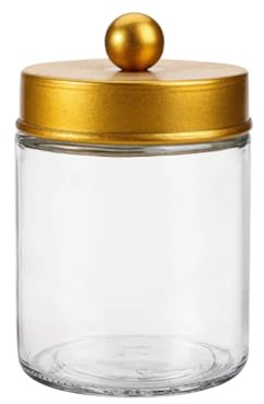 JIHUOO Bocal d'apothicaire en verre transparent avec couvercle - Distributeur de cotons-tiges - Boîte de rangement ronde pour cotons-tiges - Doré