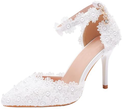 Jamron Femme Dentelle Perles Escarpins Talons Aiguilles 9.5CM Blanc EU39.5