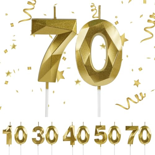 URAQT 70th Birthday Candles, Number 70 Candles, 3D Shape Gold Candle, Birthday Candle for Cake, Cake Topper Decorative for Anniversary, Wedding, Graduation Parties, Birthday Party